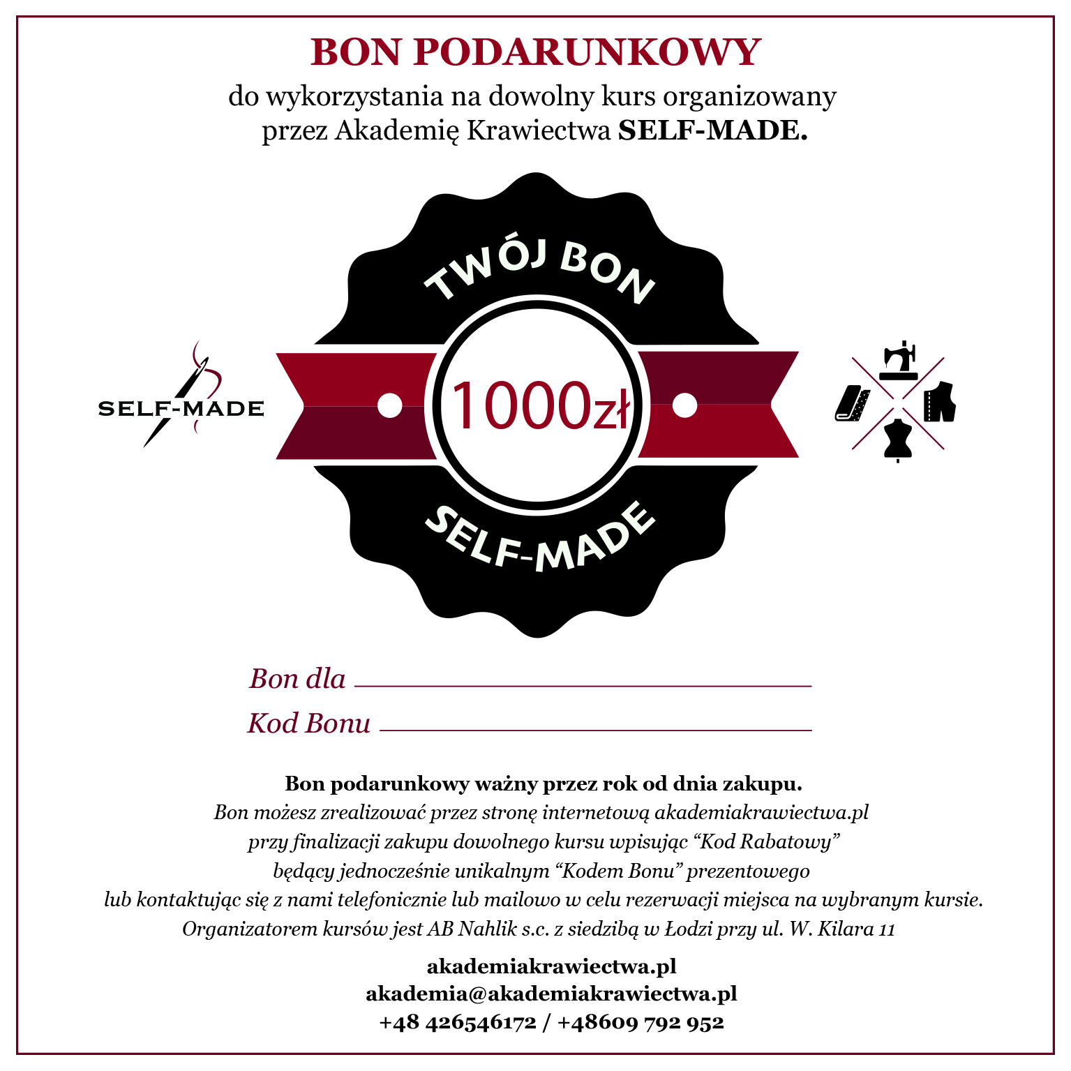 bon1000 Bon Podarunkowy Akademia Krawiectwa Self-Made